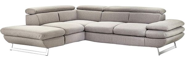 Mivano Ecksofa Prestige, Modernes Schlafsofa in L-Form mit Ottomane und Bettfunktion, Kopfstützen und Armlehne verstellbar, 265 x 74 x 223, Strukturstoff, grau