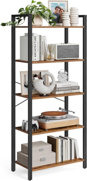 Vasagle 'LLS061B01' Bücherregal mit 5 Ebenen, Stahlgestell, Holzspanplatten, vintagebraun-schwarz, 66 x 30 x 152 cm