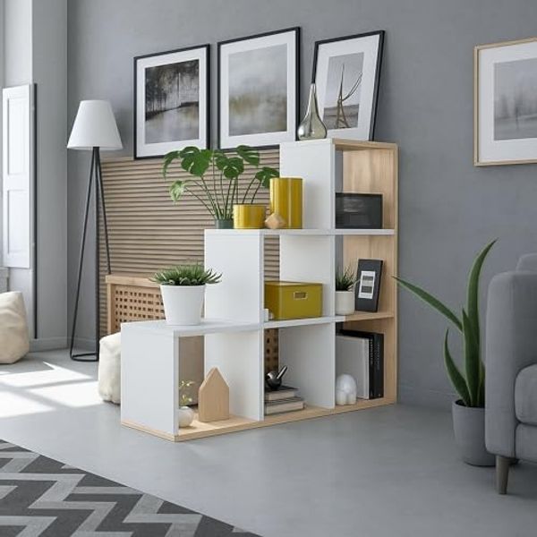 Dmora - Bücherregal Cincinnati, Doppelseitiges Bücherregal mit 6 Fächern, Bürotrennregal, cm 108x28h110, Weiß und Eiche