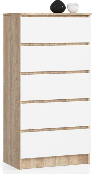 Kommode K60 mit 5 Schubladen | für das Wohnzimmer Schlafzimmer Schrank Büro Arbeitszimmer | Modernes Funktionales Design | B60 x H121 x T40 cm, Gewicht 39kg | Sonoma Eiche/Weiß