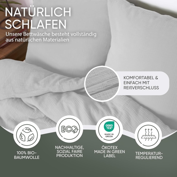 jilda-tex Bio-Bettwäsche Musselin Medina 100% Bio-Baumwolle Knitterlook Bügelfrei Uni Made in Green (Hellgrau, 135x200 + 80x80 cm) Bild 5