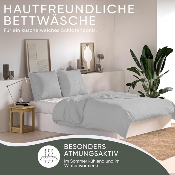 jilda-tex Bio-Bettwäsche Musselin Medina 100% Bio-Baumwolle Knitterlook Bügelfrei Uni Made in Green (Hellgrau, 135x200 + 80x80 cm) Bild 3