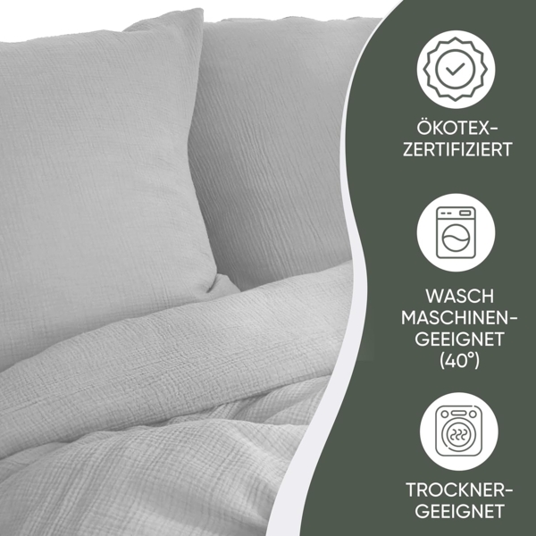jilda-tex Bio-Bettwäsche Musselin Medina 100% Bio-Baumwolle Knitterlook Bügelfrei Uni Made in Green (Hellgrau, 135x200 + 80x80 cm) Bild 6