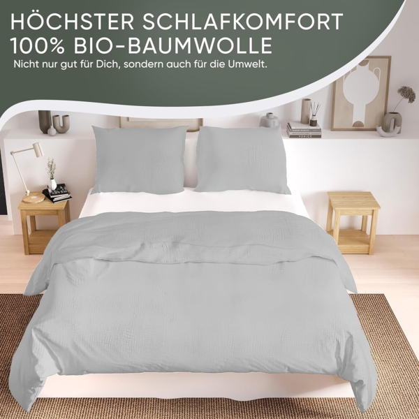 jilda-tex Bio-Bettwäsche Musselin Medina 100% Bio-Baumwolle Knitterlook Bügelfrei Uni Made in Green (Hellgrau, 135x200 + 80x80 cm) Bild 2