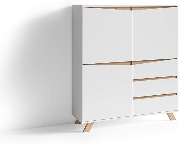 byLIVING Highboard VALENTIN / Sideboard matt weiß mit Absetzung in Eiche-Optik / Wohnzimmer-Schrank mit 3 Türen und 3 Schubkästen / Im Scandi-Style / Grifflos / B 120, H 142, T 38 cm