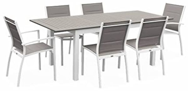 ALICE'S GARDEN - Ausziehbarer Tisch Gartengarnitur - Chicago 210 Taupe - Aluminiumtisch 150-210 cm mit Verlängerung und 6 Sitzen aus Textilene