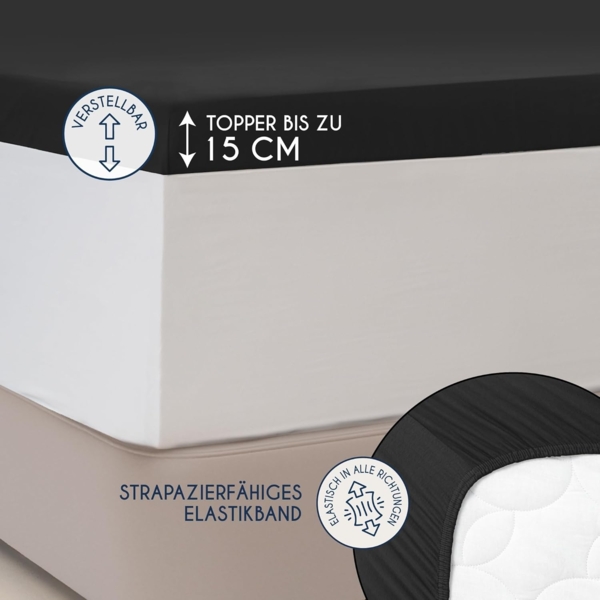 Dreamzie Premium Topper Spannbettlaken 90x200 cm - 100x200 cm - extra niedriger Seitenhöhe - für Boxspringbett - Topperauflage - Spannbetttuch Jersey Baumwolle, 150 g/m² - Oeko-TEX - Schwarz Bild 3