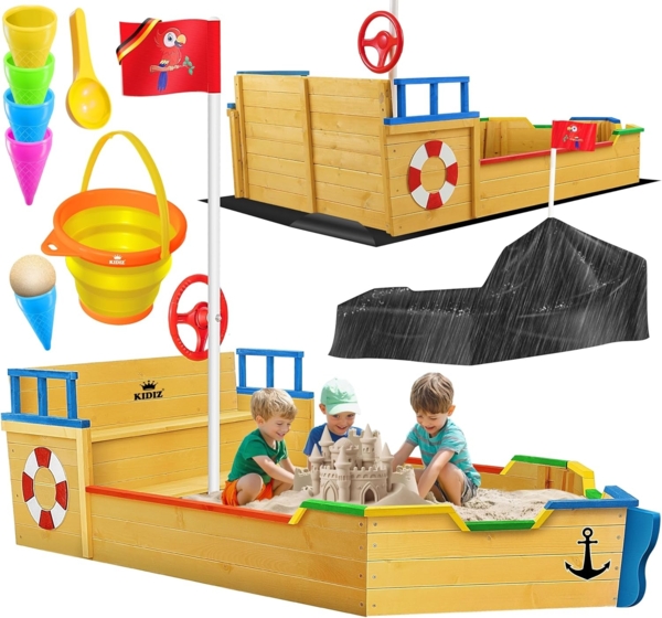 KIDIZ® Sandkasten Ahoi - Piratenschiff, Holz Natur/Blau, 195 x 94 x 136 cm