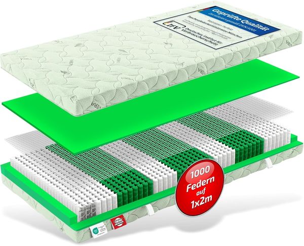 Matratzen Perfekt Tonnentaschen-Federkern-Matratze München mit 1000 Federn und Aloe-Vera veredeltem Bezug in den Härtegraden H2, H3, H4, Höhe 23 cm, TTFK/TFK (H4, 120x200 cm)