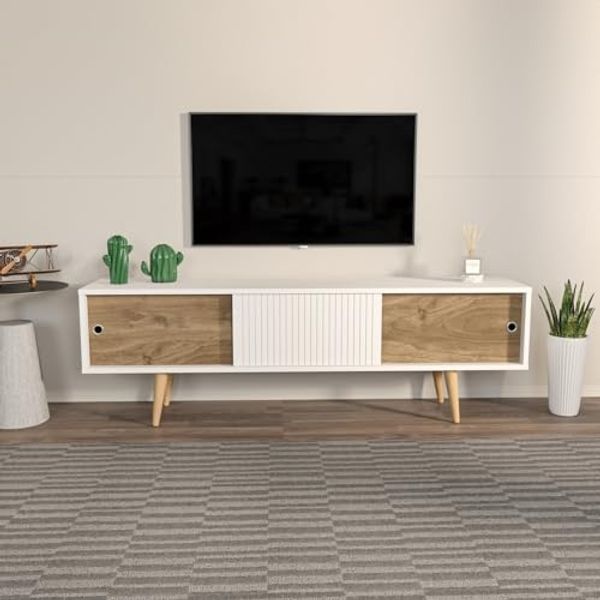 Hanah Home Stylish TV Stand, White & Walnut, 160 x 45 x 34.5 cm | 100% Melamine Coated Particle Board, 18 mm Thick | Modern Design for Living Room