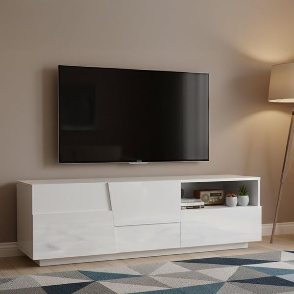 Dmora - TV-Ständer Velio, niedriges Wohnzimmer-Kommode mit 2 Türen und 1 Schublade, TV-Ständer-Basis, 150 x 44 x 46 cm, glänzendes Weiß