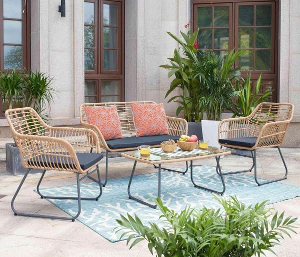 Polyrattan Garnitur HWC-G17a, Garten Sofa Set Sitzgruppe Stuhl, Seil ~ naturfarben, Polster anthrazit mit Dekokissen