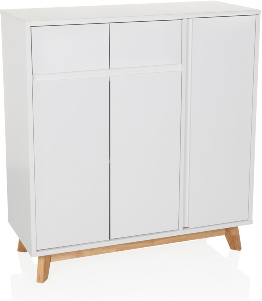 hjh LIVING Highboard mit 2 Schubladen, 3 Türen ESTHA Kommode im skandinavischen Stil, Soft-Close, griffloses Design, Schrank mit Holzbeinen, Weiß