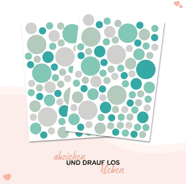 yabaduu Kreise Set 120 Stück Punkte Wandtattoo Kinderzimmer Schlafzimmer Babyzimmer Aufkleber Folie Deko Selbstklebend für Junge Mädchen Pastell Y068 (Y068-7 Mint Türkis Grau) Bild 2