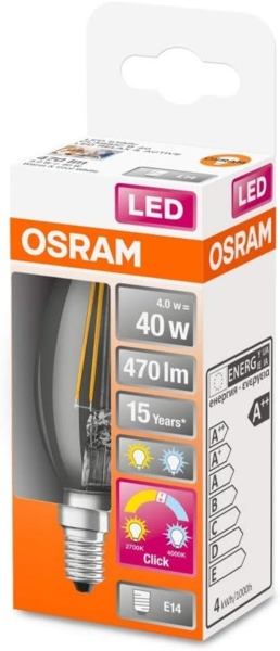 OSRAM STAR+ Filament LED Lampe mit E14 Sockel, Warmweiss (2700K) oder Kaltweiss (4000K) per Klick einstellbar, Active & Relax, Kerzenform, 4W, Ersatz für 40W-Glühbirne, 4er-Pack Bild 2