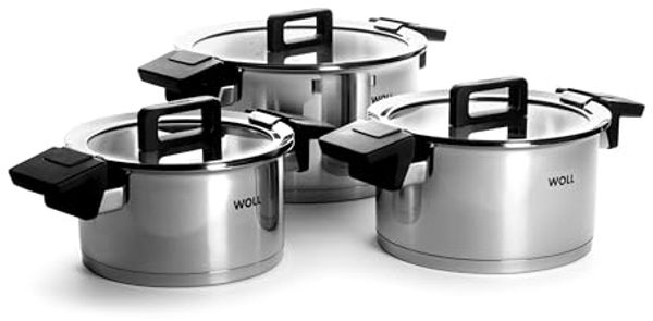 WOLL Kochtopf‑Set Concept 6‑tlg. Glasdeckel mit Abgießfunktion Töpfe Ø 18/20/24 cm Edelstahl mit Aluminium-Induktionsboden Alle Herdarten inkl. Induktion Backofenfest bis 200 °C Spülmaschinenfest