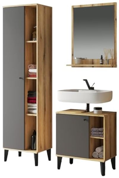 Badmöbel Set 3-teilig Torsby in grau und Eiche 120 cm