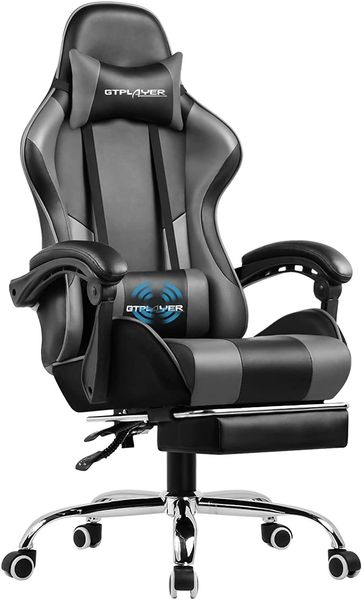 GTPLAYER Gaming Stuhl, Ergonomischer Gamer Stuhl, mit Fußstütze, Kopfstütze, Massage-Lendenkissen, Grau