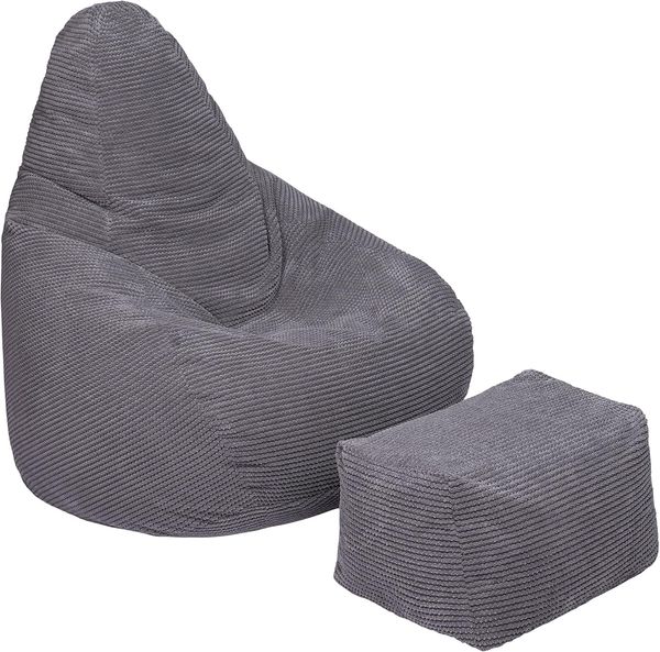 Loft 25 Sitzsack mit Rückenlehne für Erwachsene | Cordstoff, Innenfutter | Ergonomisches Design zur Unterstützung der Körperhaltung (Holzkohle, Sitzsack + Fußhocker)