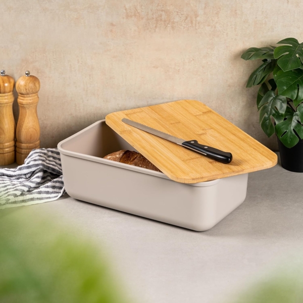 bremermann Brotkorb Brotkasten mit Bambus-Deckel, Brotbox, Schneidebrett, Brottopf, grau Bild 2