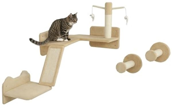 PawHut Katzen-Kletterwand 3-teilig Katzenmöbel mit Kratzbrett, Sprungplatten, Kratzstamm, für Katzen bis 5 kg, Sisal, Beige