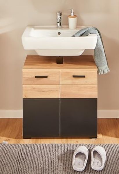 Waschbeckenunterschrank >Riom< in Eiche Artisan-Schwarz matt - 60x55x37 (BxHxT)