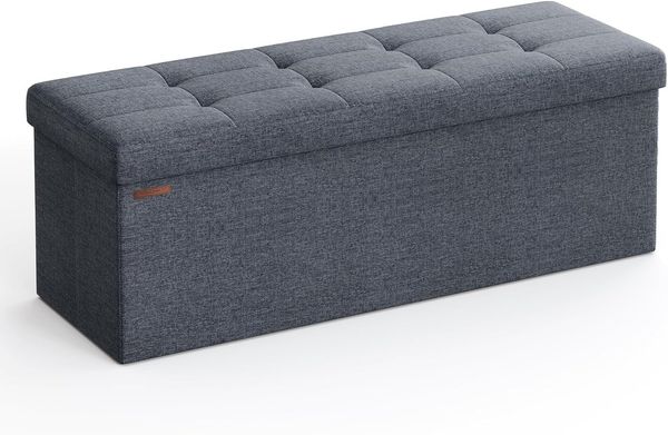 Songmics 110 cm Sitzbank mit Stauraum, klappbare Sitztruhe, Aufbewahrungsbox, Fußbank, helldenimblau LSF077Q01