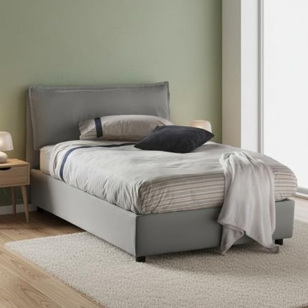 Talamo Italia Bett Veronica eineinhalb mit Container, Made in Italy, Kopfteil und Bezug aus Stoff, Frontöffnung, passend für Matratze 120x190 cm, Grau