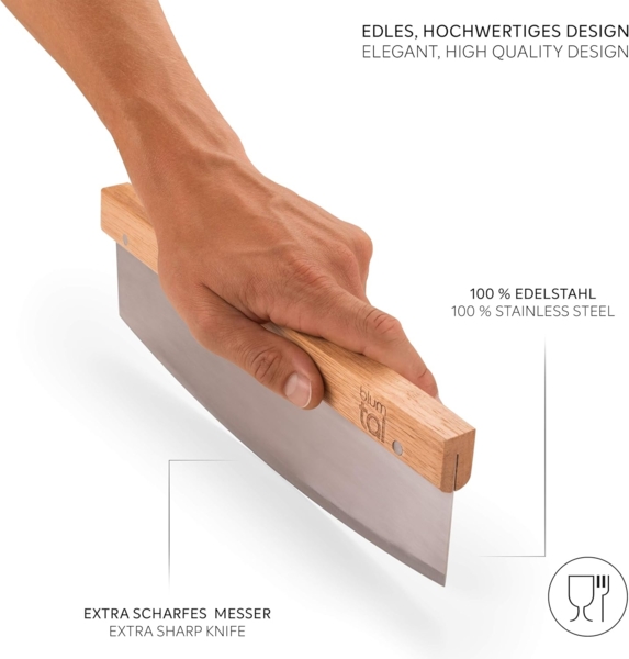 Blumtal Pizzaschneider Premium Wiegemesser, 32cm Edelstahlklinge, 1,2mm Klingenstärke, Ergonomischer Holzgriff Bild 2
