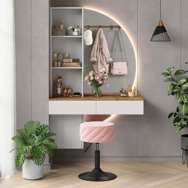 Schminktisch Melora Weiß/Eiche 100 cm mit LED-Spiegel Vicco