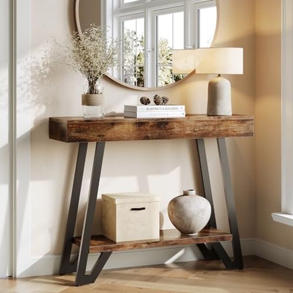 LITTLE TREE Konsolentisch, 103 x 30 x 80 cm, Beistelltisch, Flurtisch, Sofatisch für Kleinen Raum, Konsolentisch mit 2 Stauraum im Eingangsbereich für Eingang, Flur, Wohnzimmer, Braun