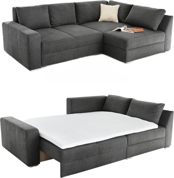 luma-home Ecksofa 15107, Dauerschläfer 260x181 cm mit 2 Bettkästen, Ottomane links oder rechts montierbar, Federkern, Boxspring, Topper, Mikrofaser Anthrazit Grau