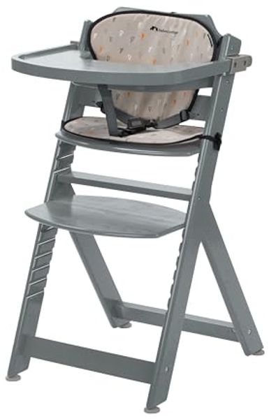 Bebeconfort Timba mit Kissen, Holzhochstuhl, Höhenverstellbar, ab einem Alter von 6 Monaten bis 10 Jahren, bis 30 kg, Warm Grey, mit abnehmbarem 3-Punkt-Sicherheitsgurt