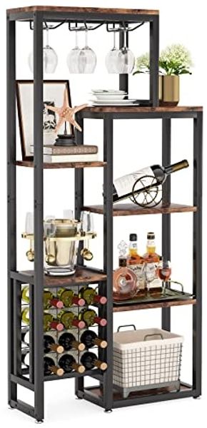 LITTLE TREE Weinregal, freistehend, 5-stöckig, Weinbäckerregal, Weinregal mit Glashalter und Weinaufbewahrung für Bar, Küche, Esszimmer, rustikales Braun