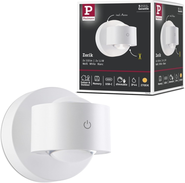 Paulmann 71291 LED Akkuwandleuchte Zorik Weiß dimmbar IP44