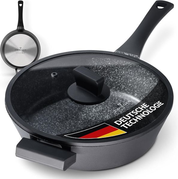 ZWIEGER Große Pfanne mit Deckel 28cm – Schmorpfanne 28 cm hoher Rand, Aluguss, vollflächiger Edelstahlboden, für alle Herdarten (inklusive Induktion) geeignet – Antihaft, PFOA- & PFOS-frei