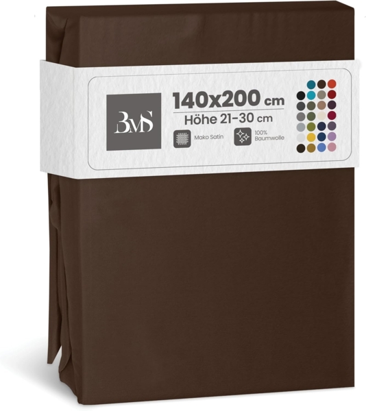 Bettwaesche-mit-Stil Mako-Satin Spannbettlaken dunkelbraun 140x200cm Höhe 21-30cm