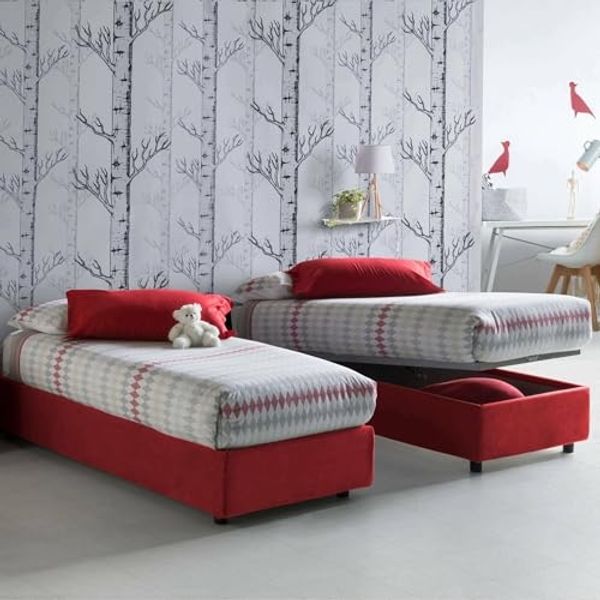 Talamo Italia - Einzelbett Valentina, Bettkasten mit Stoffbezug, 100 % Made in Italy, Öffnung vorne, inklusive Matratze 90x200 cm, Rot