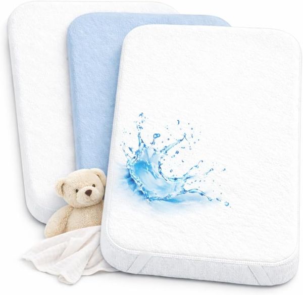 Lovely Hippo 2X Spannbettlaken 90x55 cm 100% Baumwolle + 1X Matratzenschoner 100% wasserdichtem Material - Set 3X 90x55 (Weiß/Blau, 55x90 cm)