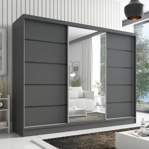 Schwebetürenschrank AVIRA 2 3-türig Schrank 200 cm (mit Spiegel) Farbe: Graphit