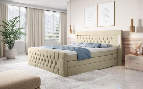 Boxspringbett Queen mit LED, USB und Stauraum 140x200 Beige H3 Bild 2