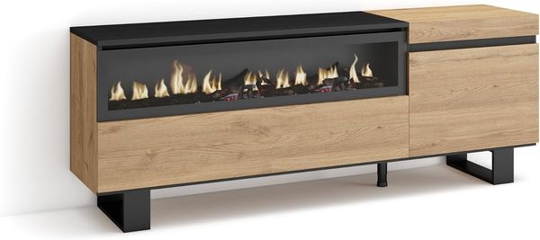 Skraut Home | TV-Schrank, Lowboard | für Wohnzimmer und Esszimmer | 150 x 57 x 35 cm | Für TV-Geräte bis zu 65" | Elektrokamin. Maße | Industriedesign | Moderner Stil | Eiche Schwarz