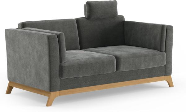 Cavadore 2,5er-Sofa Vida / 2,5-Sitzer Couch im trendigen Design mit massivem Holzrahmen in Eiche, Kopfstütze mit Kuschelkissen / 183 x 84 x 93 / Mikrofaser, Grauoliv