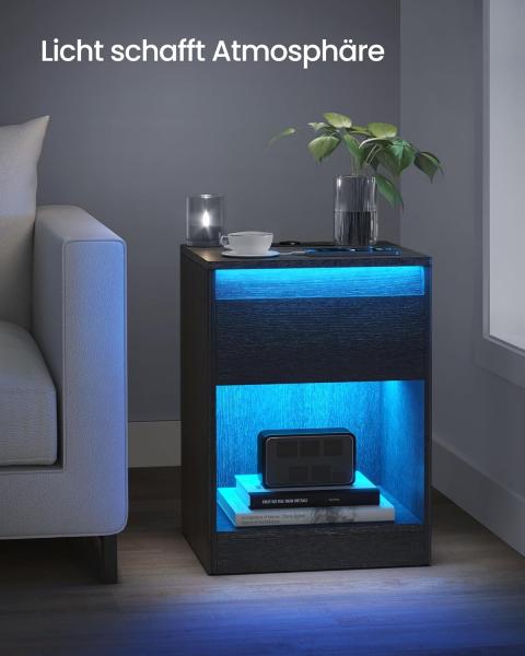 Vasagle Nachttisch mit einstellbarer LED-Beleuchtung, Beistelltisch mit Steckdosen, Schublade, 2 AC-Steckdosen, 2 USB-Anschlüsse, modern, für Schlafzimmer, Wohnzimmer, 35 x 40 x 55 cm, Schwarz Bild 8