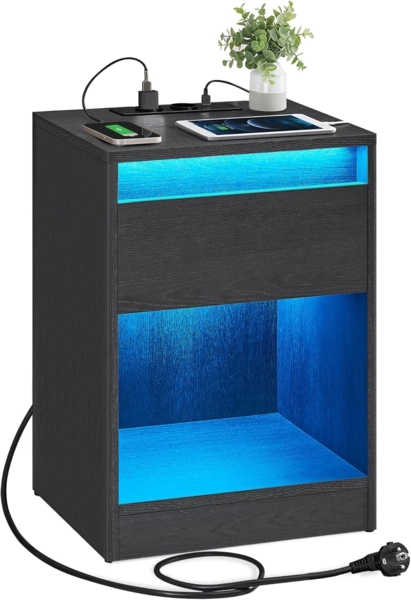 Vasagle Nachttisch mit einstellbarer LED-Beleuchtung, Beistelltisch mit Steckdosen, Schublade, 2 AC-Steckdosen, 2 USB-Anschlüsse, modern, für Schlafzimmer, Wohnzimmer, 35 x 40 x 55 cm, Schwarz