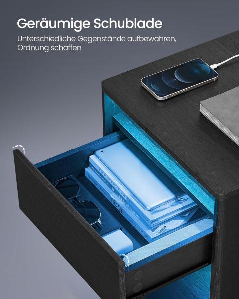 Vasagle Nachttisch mit einstellbarer LED-Beleuchtung, Beistelltisch mit Steckdosen, Schublade, 2 AC-Steckdosen, 2 USB-Anschlüsse, modern, für Schlafzimmer, Wohnzimmer, 35 x 40 x 55 cm, Schwarz Bild 6