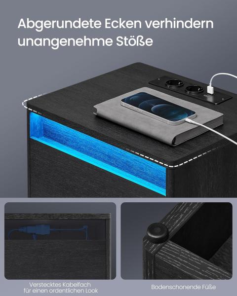 Vasagle Nachttisch mit einstellbarer LED-Beleuchtung, Beistelltisch mit Steckdosen, Schublade, 2 AC-Steckdosen, 2 USB-Anschlüsse, modern, für Schlafzimmer, Wohnzimmer, 35 x 40 x 55 cm, Schwarz Bild 7