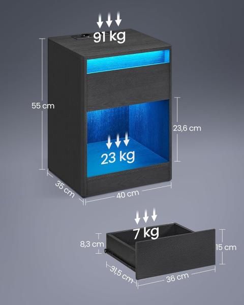 Vasagle Nachttisch mit einstellbarer LED-Beleuchtung, Beistelltisch mit Steckdosen, Schublade, 2 AC-Steckdosen, 2 USB-Anschlüsse, modern, für Schlafzimmer, Wohnzimmer, 35 x 40 x 55 cm, Schwarz Bild 2