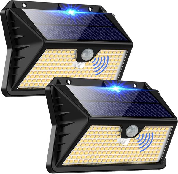 OUILA Solarlampen für Außen, 3 Modi LED Solar mit Bewegungsmelder, 185 LED Solarleuchten Lampe Outdoor IP65 Wasserdichte Wandleuchte für Garten, Hof, Stufen, Deck, Haustüren, Garage(2 Stück Warmweiß