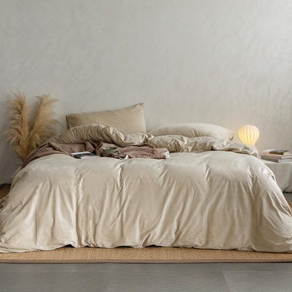 Lanqinglv Flanell Fleece Bettwäsche 135x200 cm Beige Plüsch Flauschig Winterbettwäsche Warme Cashmere Touch Biber Uni Bettbezug mit Reißverschluss und Kissenbezug 80x80 cm